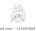 Hand-drawn line drawing of a person knitting yarn 131605884