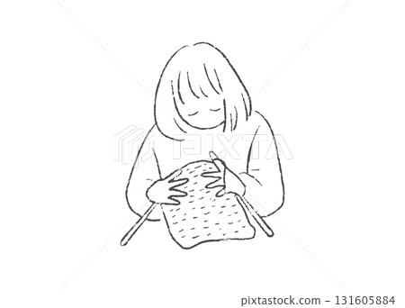 Hand-drawn line drawing of a person knitting yarn 131605884