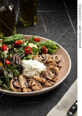 Duck salad with apricot and cheese mousse Duck salad with apricot and cheese mousse 131605922