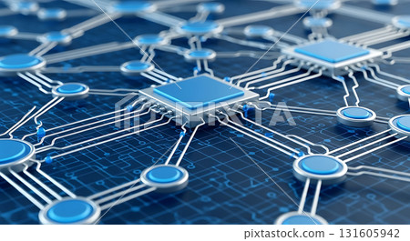 A detailed close up of a blue and silver circuit board with visible connections and components A detailed close up of a blue and silver circuit board with visible connections and components 131605942