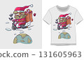Tshirt Designs. Santa Claus is busy delivering gifts using a flying scooter of illustration 131605963