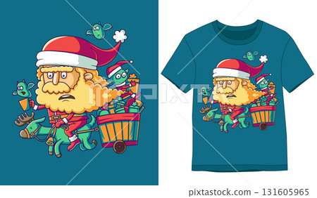 Tshirt Designs. Santa Claus is busy delivering gifts using flying reindeer of illustration Tshirt Designs. Santa Claus is busy delivering gifts using flying reindeer of illustration 131605965
