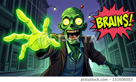 Hungry Zombie with Glowing Eyes Chasing Brains in a Dark City Street. 131606083