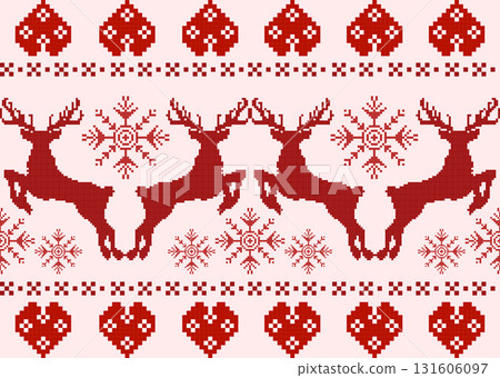Red cross-stitch Christmas pattern featuring reindeer, snowflakes and hearts. Perfect for festive textiles, holiday crafts, greeting cards and winter decorations. Red cross-stitch Christmas pattern featuring reindeer, snowflakes and hearts. Perfect for festive textiles, holiday crafts, greeting cards and winter decorations. 131606097
