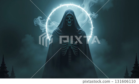 Grim Reaper Figure with Glowing Aura and Visible Skeleton in a Misty Landscape. Grim Reaper Figure with Glowing Aura and Visible Skeleton in a Misty Landscape. 131606110