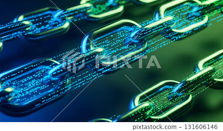 A close up of a chain with blue and green digital data flowing through the links of the chain mail 131606146