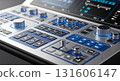Close up of a complex control panel with knobs buttons and a screen displaying data information 131606147