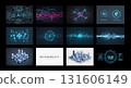 A collection of futuristic technology and cityscape themed digital art illustrations on black background 131606149