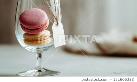 Colorful macarons in a glass display Colorful macarons in a glass display 131606388