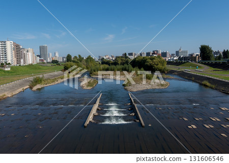 Toyohira River in Sapporo, where there is a fishway for salmon to swim upstream 131606546