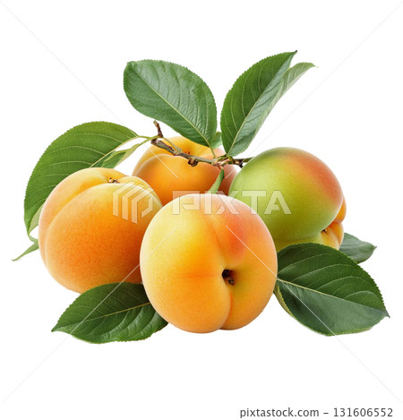 Isolate a pile of ripe apricots on a branch with green leaves perfectly demonstrates a fresh harvest. The image is suitable for healthy eating and summer fruit themes. 131606552