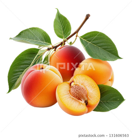 Isolate a pile of ripe apricots on a branch with green leaves perfectly demonstrates a fresh harvest. The image is suitable for healthy eating and summer fruit themes. 131606563