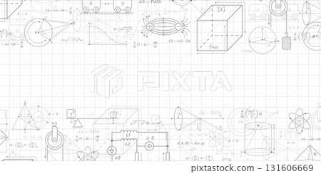 White school background. Formulas and drawings. Physics and mathematics . Scientific research. Vector illustration. White school background. Formulas and drawings. Physics and mathematics . Scientific research. Vector illustration. 131606669