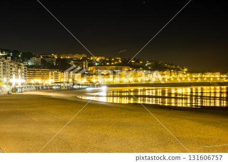 Night view of resort hotels and street lights along Concha Beach in San Sebastian Night view of resort hotels and street lights along Concha Beach in San Sebastian 131606757