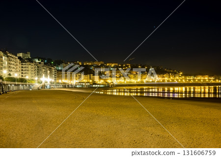 Night view of resort hotels and street lights along Concha Beach in San Sebastian Night view of resort hotels and street lights along Concha Beach in San Sebastian 131606759