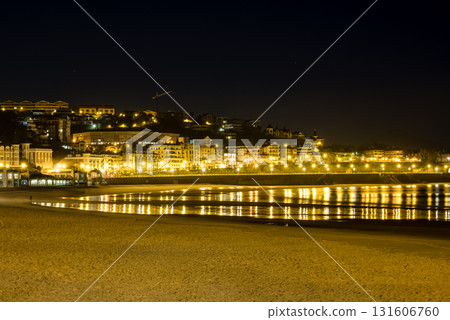 Night view of resort hotels and street lights along Concha Beach in San Sebastian Night view of resort hotels and street lights along Concha Beach in San Sebastian 131606760