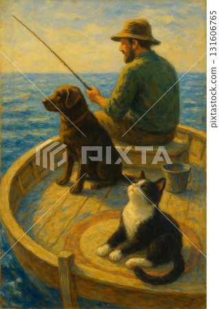 Fishing Man with Dog and Cat Generative AI Fishing Man with Dog and Cat Generative AI 131606765