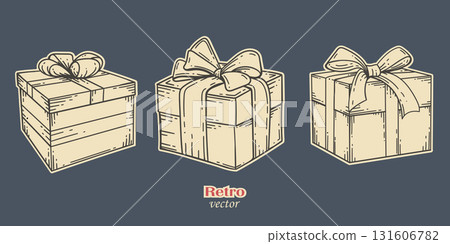 Gift boxes, drawing.Retro style. Holiday gift vector. Illustration of greeting bows. 131606782