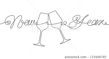 New Year .Glasses for alcohol.Festive champagne. Christmas holidays. One line drawing. Vector illustration. 131606785