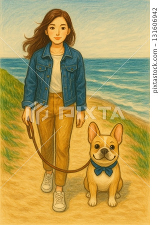 在夏日海灘上，一位女士和一隻法國鬥牛犬散步——生成式人工智慧 131606942