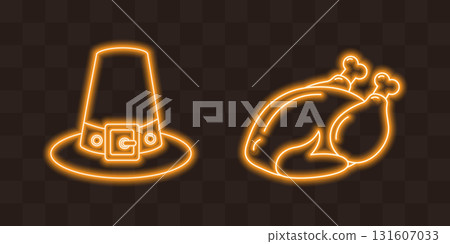 Neon Glowing Pilgrim Hat and Roast turkey Sticker Icon Thanksgiving Greetings design element Set Neon Glowing Pilgrim Hat and Roast turkey Sticker Icon Thanksgiving Greetings design element Set 131607033