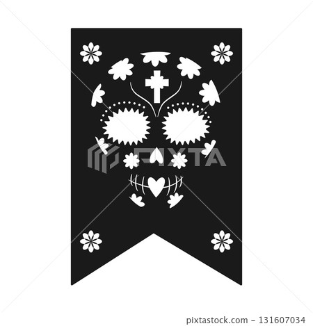 Day of the Dead Pennant with Sugar Skull and Flowers Cut Out of Dark Material Mexican Holiday Design Day of the Dead Pennant with Sugar Skull and Flowers Cut Out of Dark Material Mexican Holiday Design 131607034