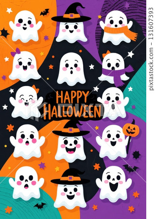 Cute cartoon ghosts with happy expressions and Halloween decorations on colorful background Cute cartoon ghosts with happy expressions and Halloween decorations on colorful background 131607393