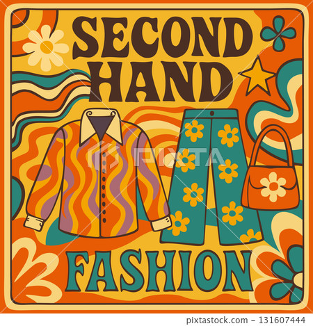 Second hand fashion. Bright vintage vector poster in pop art style Second hand fashion. Bright vintage vector poster in pop art style 131607444