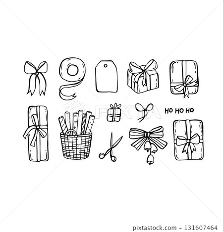 Whimsical sketch doodle elements set of Christmas gifts. Quirky hand drawn illustrations in linear style. Cute coquette vector illustration 131607464