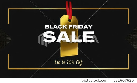 Luxury Black Friday sale banner with gold tag, black background, and elegant text showing up to 70% off 131607629