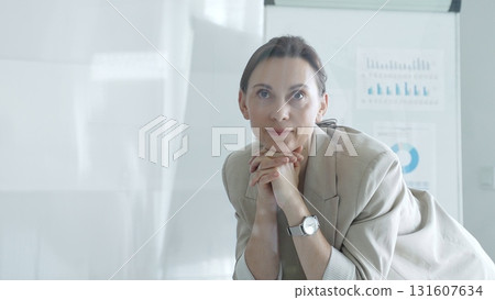 Professional woman resting hands on desk, strategizing amid workplace analytics dashboard with data visualizations surrounding workspace. Business people concept 131607634