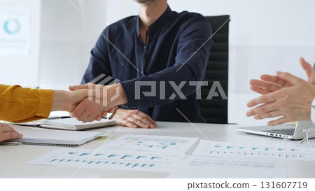 Businesspeople shaking hands, confirming partnership agreement while sitting in contemporary corporate sunny office. Business handshake concept Businesspeople shaking hands, confirming partnership agreement while sitting in contemporary corporate sunny office. Business handshake concept 131607719