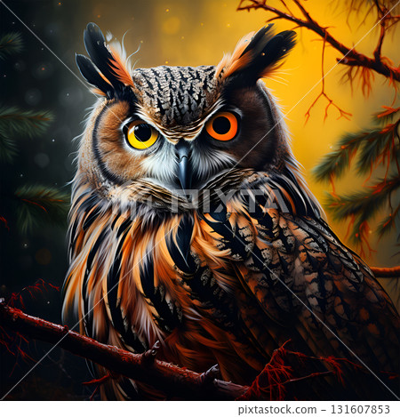 Owl sit in a branch tree and looking on the the camera on forest. 131607853