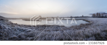 Frost on the grass. A vast swamp against the mountains. Frost on the grass. A vast swamp against the mountains. 131607926