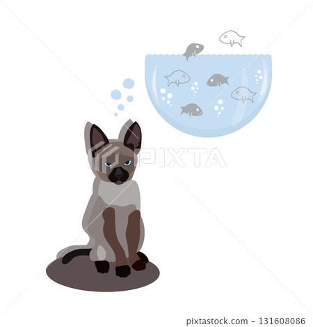 Cute Siamese kitten thinking about a fish tank with many fish in it Cute Siamese kitten thinking about a fish tank with many fish in it 131608086