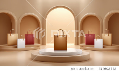 Background material of a three-dimensional display of paper bags lined up in an arch space and a circular stage 131608118
