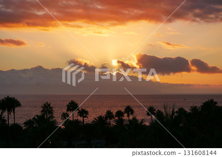 Sunset Over La Gomera island. View from Tenerife with Dramatic Clouds and Silhouetted Palms 131608144
