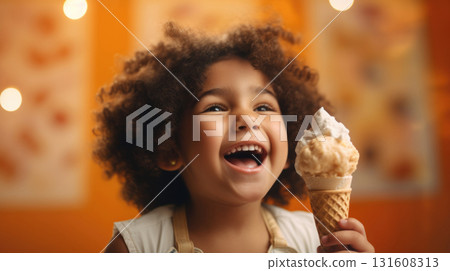 Latin American child portrait enjoying caramel ice cream cone, copy space 131608313