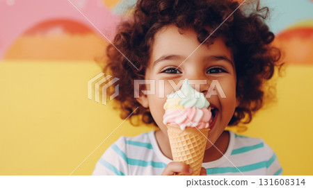Latin American child portrait enjoying color ice cream cone, copy space 131608314