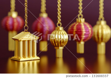 Golden ornaments with lantern and temple designs 131608337