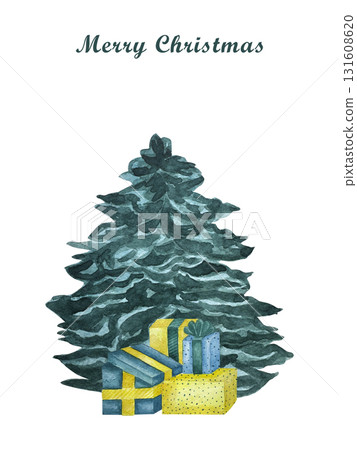 Watercolor Christmas card with christmas tree and gift box. Universal artistic template for greeting cards, cover, flyer, postcard design, New year invitations. 131608620