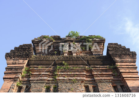 Ancient sacred Cham Tower of 12 century overgrown with grass and small trees in Tuy Hoa, Vietnam Ancient sacred Cham Tower of 12 century overgrown with grass and small trees in Tuy Hoa, Vietnam 131608716
