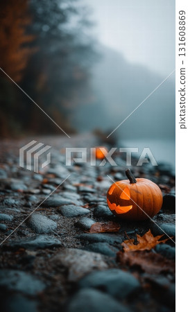 Small carved pumpkin jack-o'-lantern 131608869