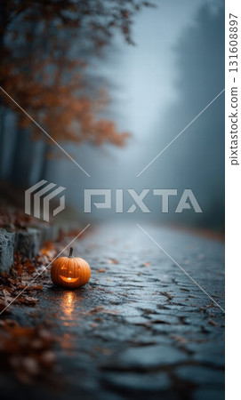 Small carved pumpkin jack-o'-lantern 131608897