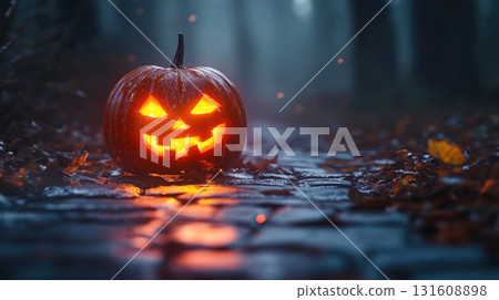 Small carved pumpkin jack-o'-lantern 131608898