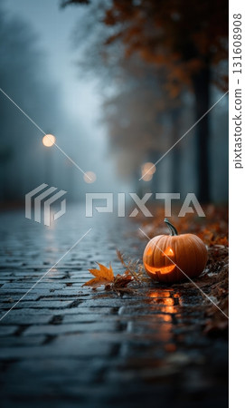 Small carved pumpkin jack-o'-lantern 131608908