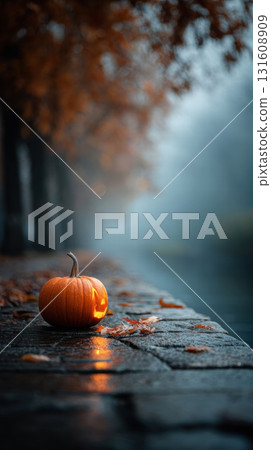 Small carved pumpkin jack-o'-lantern 131608909