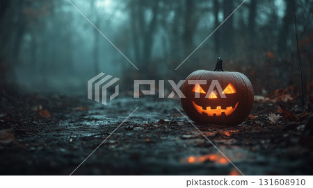 Small carved pumpkin jack-o'-lantern 131608910