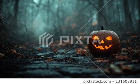 Small carved pumpkin jack-o'-lantern 131608911