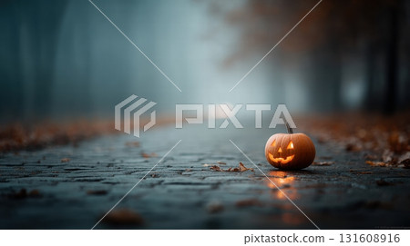 Small carved pumpkin jack-o'-lantern 131608916